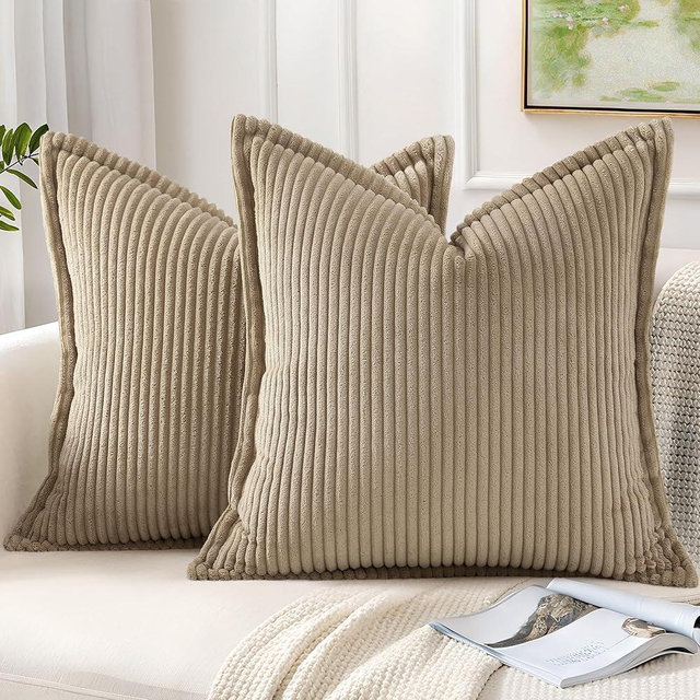 Mecatny Corduroy Pillow Covers 20x20 Inch Set of 2, Striped Decorative Square Throw Pillow Covers with Wide Border for Couch Living Room Bed, Khaki