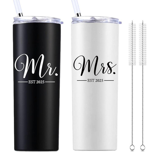 Mr and Mrs Est 2025 20 OZ Skinny Tumbler.Engagement Wedding Wife Husband Bride Groom Couple Gifts.Newlyweds Anniversary Bride To Be Newly Engaged Bridal Shower Gifts.(Black&White)