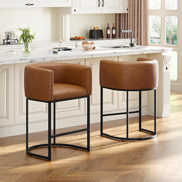 VATROS 26" H Counter Height Bar Stools Set of 2, Modern Barrel Counter Stools with Backrest and Arms, Faux Leather Upholstered Accent Barstools for Kitchen Island,Support 450 LBS (Walnut Brown)