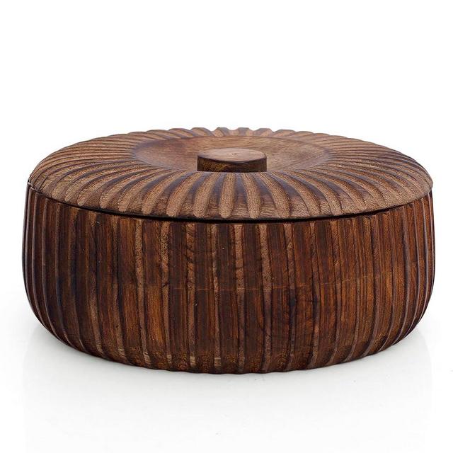 Handcrafted Wooden Mexican Tortilla Warmer Basket Indian Chapati Roti Bread Holder Box Pancake Keeper Serveware Hot Pot Casserole Dish With Lid Home Kitchen Dining Decor, Natural Brown, 9 x 3.5 Inches