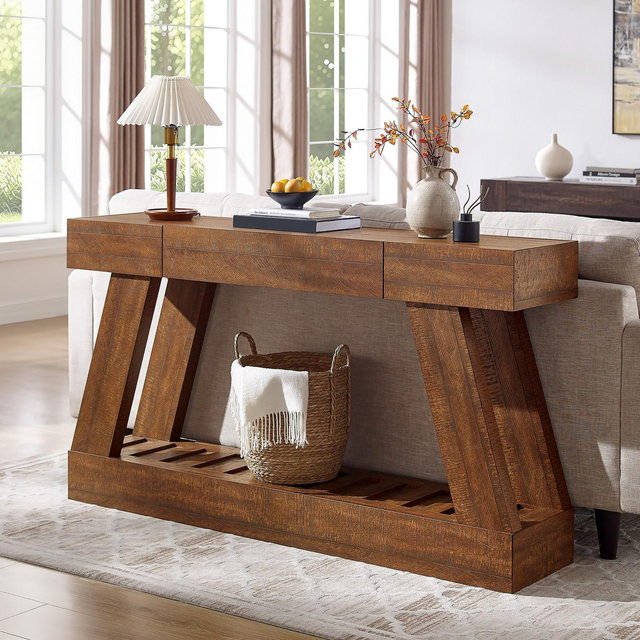 60" Farmhouse Entryway Table with Drawer Storage & Heavy Duty Base, Console Table for Living Room Foyer Hallway, Brown