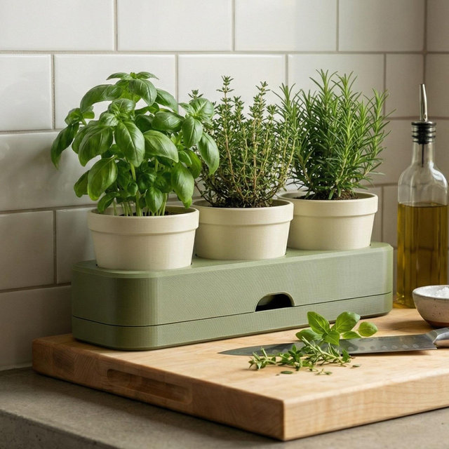 Self Watering Herb Tray with Drawer| 3 Pot Indoor Planter Holder for Kitchen Counter Garden | Starter Plant Propagation Station