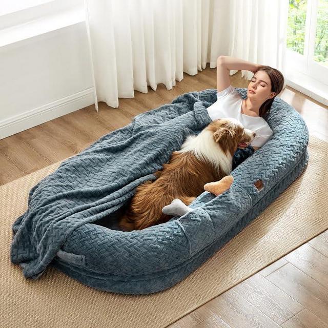 ChiXnuggle Human Dog Bed for Adult - Luxury Faux Fur Giant Human Size Dog Bed with Portable Handle, Egg Orthopedic Foam Dog Human Bed with Blanket, 72"x40"x10", Grayish Blue