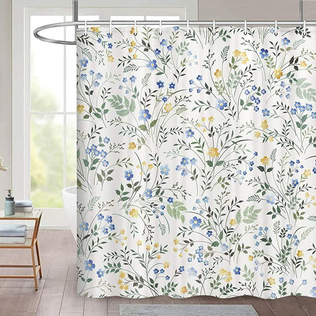 Fabric Floral Shower Curtain, Blue and Yellow Colorful Flowers Shower Curtains Set Season Floral Green Leaves Botanical Bathroom Decor Waterproof Fabric Shower Curtain Set with 12 Hooks