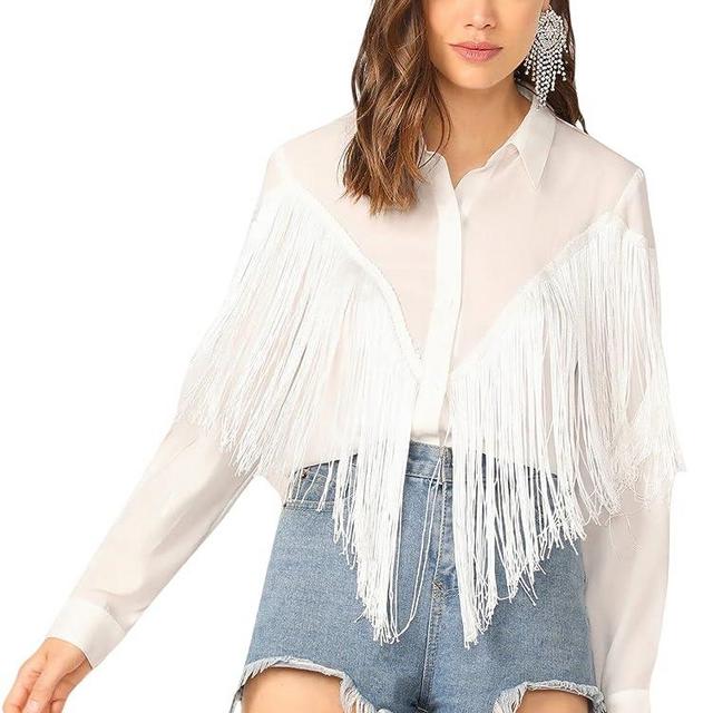 Verdusa Women's Fringe Trim Long Sleeve Button Up Blouse Shirt Top