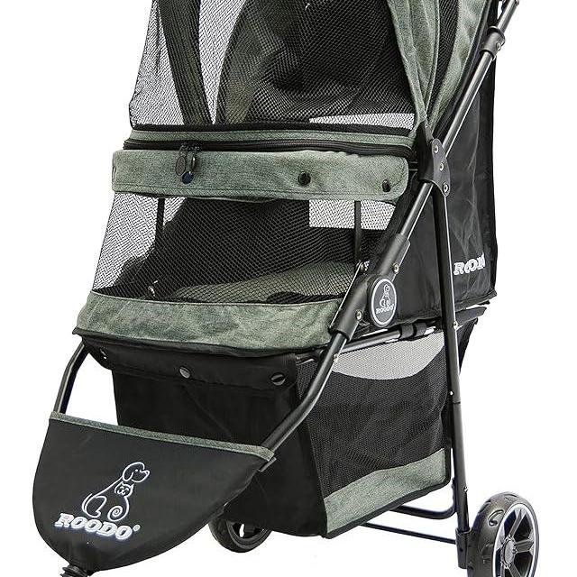 ROODO 3 Wheel Dog Pet Cat Stroller Best Lightweight Foldable Compact Portable Jogger All Terrain Travel Pet Gear Puppy Kitty Stroller for up to 30lbs Medium Small Dogs and Cats(Cationic ash)