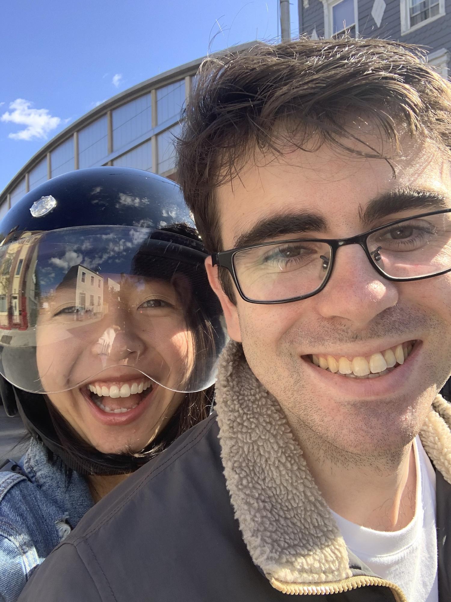 October 2019 - Our first time riding Rebbl scooters in Brooklyn. Megan delights in being driven and John (usually) happily obliges.