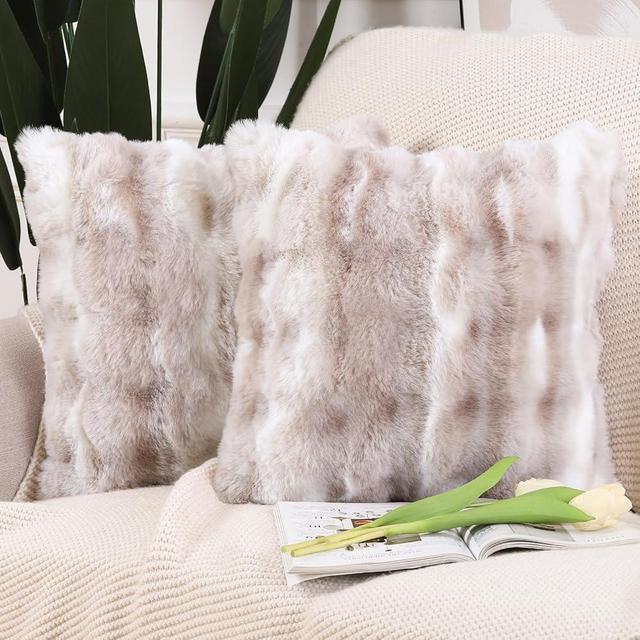 MADIZZ Pack of 2 Thick Plush Wool Throw Pillow Covers 18x18 Inch White Taupe Soft Decorative Cushion Cover for Sofa Bedroom Pillow Shell