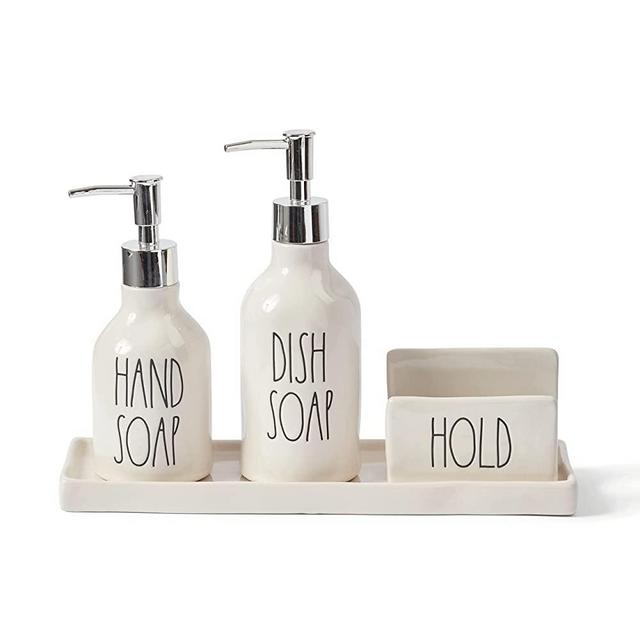 Rae Dunn Dish Time Set with Small and Large Soap Pump Dispensers, Sponge Holder and Tray