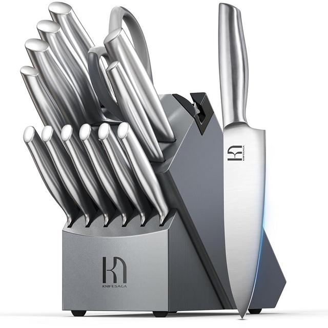 KnifeSaga Knife Set, 14 Pcs Premium Japanese High Carbon Stainless Steel Kitchen Knife Set, Razor Sharp Knife Block Set with Built-in Sharpener, Quality Acacia Wood Block Knife Sets Ergonomic Handle