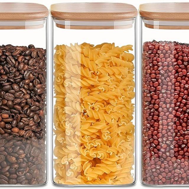 VIEWELLD Airtight Glass Storage Canister with Wood Lid (50 fl.oz), Clear Food Storage Container Jar with Sealing Bamboo Lid for Noodles Flour Cereal Rice Sugar Tea Coffee Beans,Square Set of 3