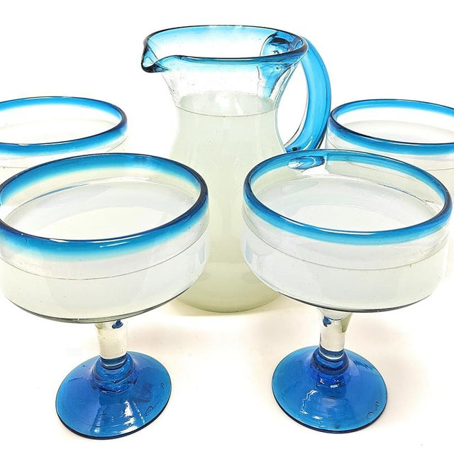 Dos Sueños Mexican Hand Blown Glass Drinkware Set - Includes Pitcher (84oz) and 4 Margarita Glasses (16oz) – Aqua Rim