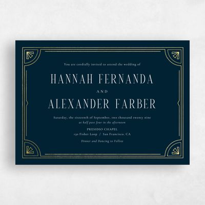 Blue Bordered Wedding Invitation - Amber Landscape Foil