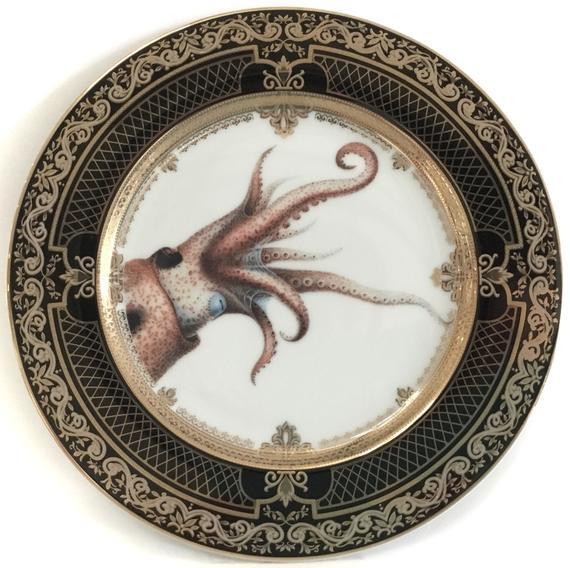 Stunning Black and Gold Squid Plate or Cup/Saucer Set, Foodsafe, Durable, Octopus Dish, Seafood China, Nautical Plate