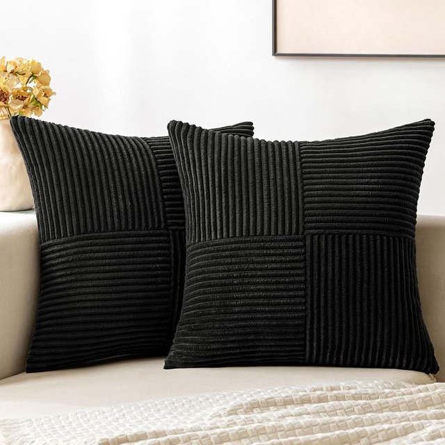 MIULEE Black Corduroy Pillow Covers Pack of 2 Boho Decorative Spliced Throw Pillow Covers Soft Solid Couch Pillowcases Cross Patchwork Textured Cushion Covers for Living Room Bed Sofa 16x16 inch