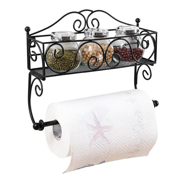 Adhesive Paper Towel Holder with Shelf, Wall Mount, 12in Black for Kitchen, Hand Towel Holder for Bathroom with Shelf