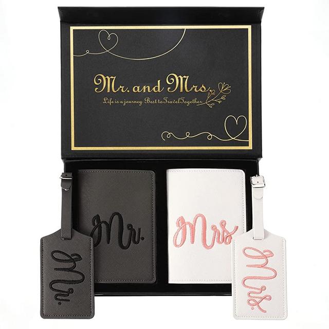 2 Pcs Mr. and Mrs. Luggage Tags and Passport Holder Set - Bridal Shower Gift with 2 Passport Leather Covers, Wedding Honeymoon Travel Essentials for Bride & Groom Couples(Embroidery Style)