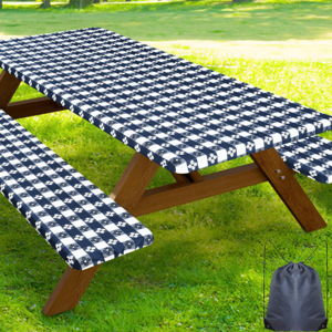 Smiry Picnic Table Cover with Bench Covers, Waterproof Elastic Fitted Tablecloth for 6 Foot Tables, Washable Polyester Tablecloths for Camping, Patriotic Decor (Dark Blue & White, 30x72 Inch 3-pc Set)