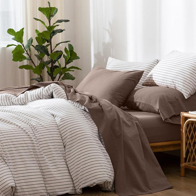 MooMee Bedding Sheet Set 100% Washed Cotton Linen Like Textured Breathable Durable Soft Comfy (Brown, Queen)