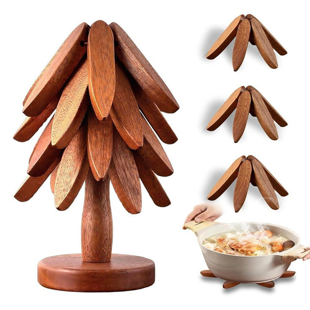 Wooden Trivets for Hot Dishes,Tree Trivet Set,Tree Coasters Set of 4,Treevet Coaster Set,Trivets for hot pots and Pans，4 treevot Coaster +1 Stand for Pot, Bowl, Teapot, Hot Pot Holders