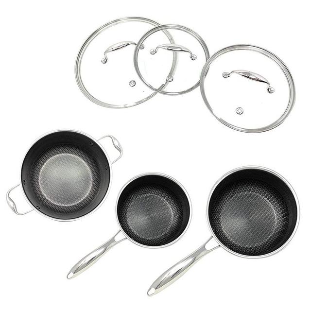 HexClad 6 Piece Hybrid Cookware Set - 2, 3, and 8 Qt Nonstick Pot Set with 3 Glass Lids, Stay-Cool Handle- PFOA Free, Dishwasher, Oven Safe, Works with Induction, Ceramic, Electric, and Gas Cooktops