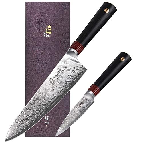 TUO Damascus Kitchen Knife Set, 8" Chef Knife and 3.5" Paring Fruit Knife, Japanese AUS-10 High Carbon Steel, Full Tang Military Grade G10 Handle, Dishwasher Safe Ring-R Series