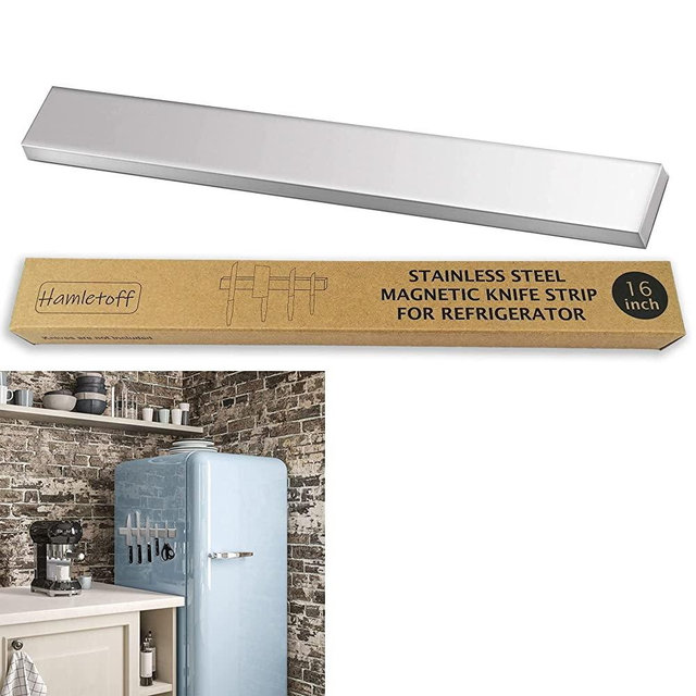 Hamletoff (Fridge) Magnetic Knife Holder for Refrigerator – 16 Inch Professional Double Sided Magnetic Knife Strip for Fridge - Stainless Steel Magnetic Knife Holder for Wall Self Adhesive