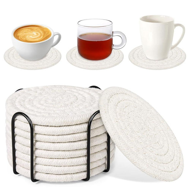 Mckanti 8 Pack Drink Coasters with Holder, Absorbent Coasters for Coffee Table, Minimalist Cotton Woven Coaster Set for Home Decor Tabletop Protection Suitable for Kinds of Cups, 4.3 Inches.