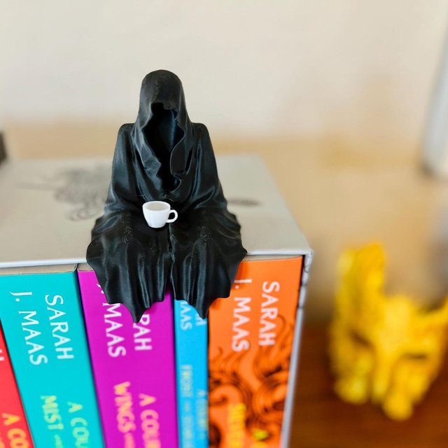 Suriel Bookshelf Decor Suriel Tea Bookshelf Decor Grim Reaper Sitting Bookshelf with teacup figurine