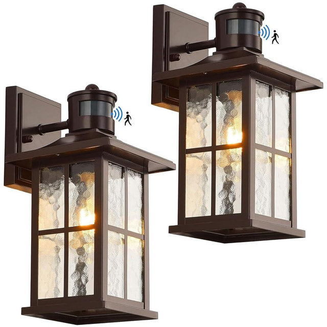 FLEDAVID 2 Pack Motion Sensor Outdoor Wall Lights Dusk to Dawn Exterior Porch Lantern Brown Outside Sconce Lighting Fixtures Rustic Farmhouse Wall Mount Carriage Lamp for House Garage Patio
