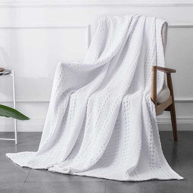 PHF Cotton Waffle Weave Blanket Home Decorations for All Season Cozy Soft Comfort Queen Size White