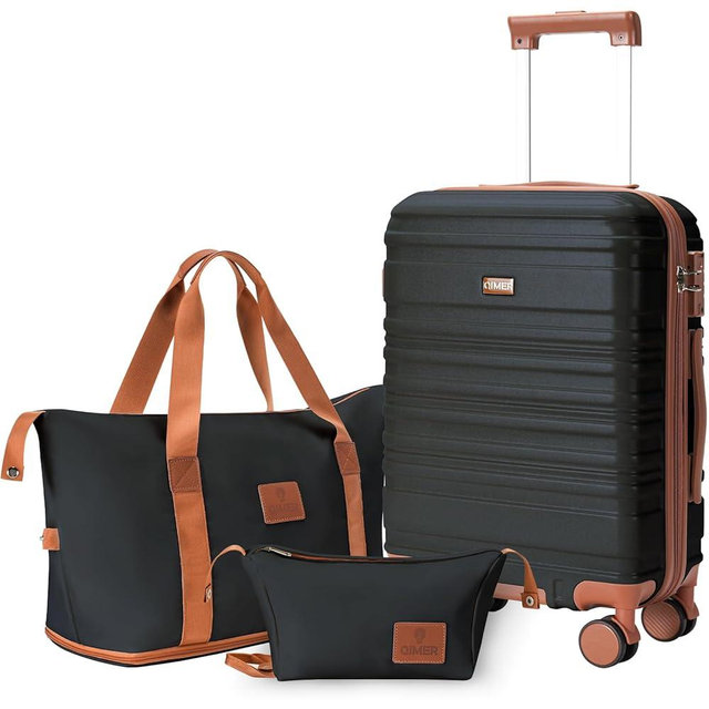 QIMER Carry on Luggage Set, 22x14x9 airline approved 100% PC hardshell, Lightweight TSA Locks Quiet Spinner Wheels Durable Zipper, Travel Luggage for Men Women, Y02 Black (20"/DB/TB) Slightly Small