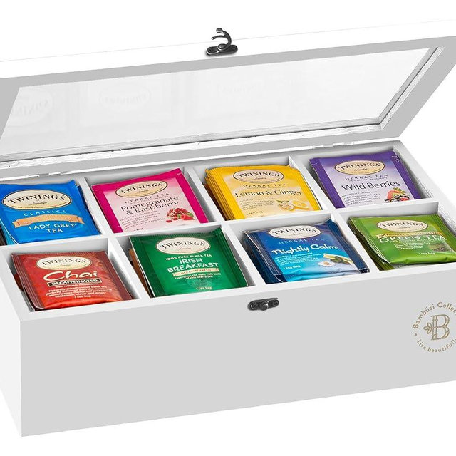 Bambüsi Tea Bag Organizer - Bamboo Tea Box Organizer Storage Box, Tea Bag Holder with Acrylic Window, Magnetic Lid Keeps Tea Bags Fresh - Tea Organizer Caddy (Tea Not Included) Christmas Gift - White