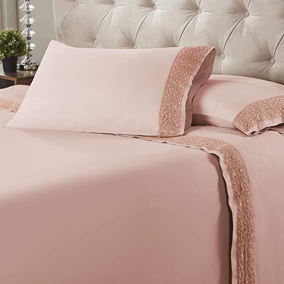 Amrapur Overseas 600 Thread Count Cotton Rich Diamond Lace Hem 4 Piece Sheet Set, Full, Pink