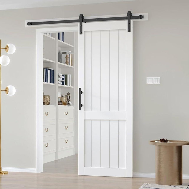 EaseLife 30in x 84in White Barn Door with 5.5 FT Sliding Barn Door Hardware Track Kit Included,Solid MDF Wood Slab with Water-Proof Scratch-Resistant PVC Surface,DIY Assembly,Easy Install,H-Frame