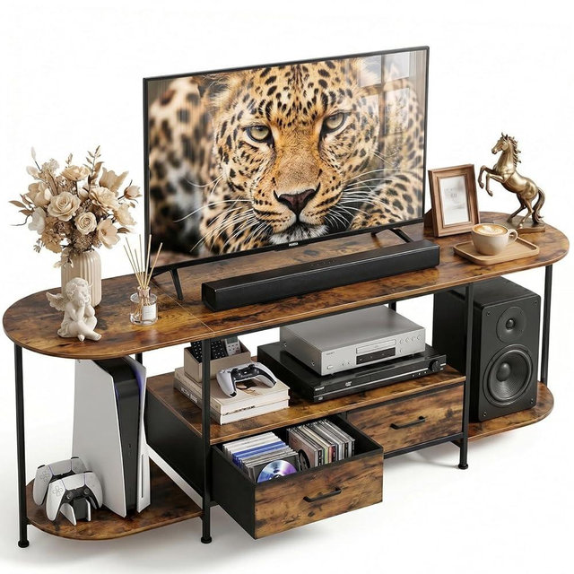 Faesun 63 Inch TV Stand for TVs Up to 70 Inch, Rustic Brown Entertainment Center with 2 Fabric Drawers, Modern TV Console Table with Curved Edge, Wood Media Stand for Living Room Bedroom