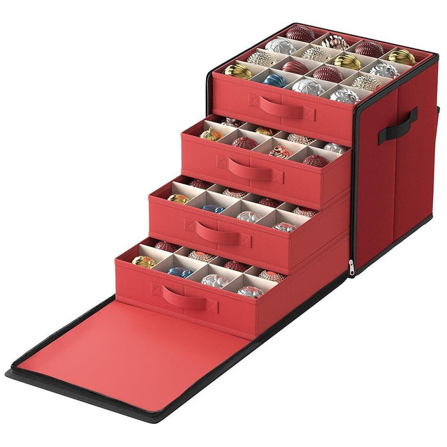 SONGMICS Christmas Ornament Storage Box, with Side Open, Stackable Christmas Storage Container with Lid, 4 Drawer Trays, 600D Oxford, 3-Inch 64 Slots, Cherry Red URFB037R01