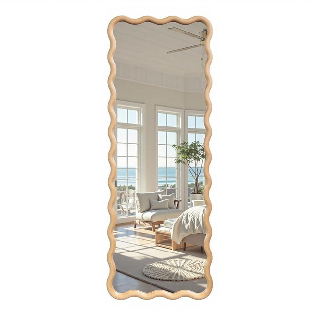 sawsile Large Full Length Mirror,18x48 inch Wood Asymmetrical Bathroom Modern Rectangle Wave Vanity Farmhouse Full Body Mirrors for Bedroom Living Room Entryway Hallway Fireplace