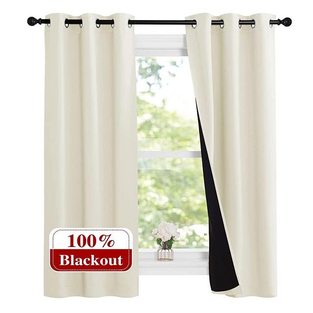 NICETOWN Kitchen Short Full Blackout Curtain Panels, Great Job for Blocking Light, Complete Blackout Draperies with Black Liner for Night Shift (Beige, Set of 2, 37 by 63-inch)