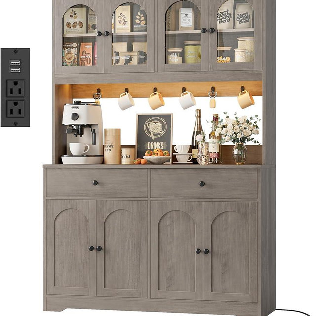 HIFIT 71" LED Kitchen Pantry Cabinet with Power Outlet, Large Kitchen Hutch Storage Cabinet with Arched Door, Shelves, 2 Drawer, Tall Farmhouse Coffee Bar w/Hutch for Home Dining Living Room, Ash Grey
