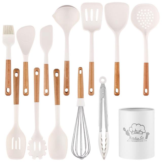 SUGIFT 13-Piece Silicone Kitchen Utensils with Wooden Handles Set