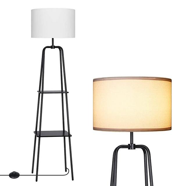 DEWENWILS 60 inch Black Floor Lamp with Shelves, 2-Tier Display Shelf, White Linen Drum Shade, Metal and Wood Construction, Standing Storage Lamp for Living Room, Bedroom, Office