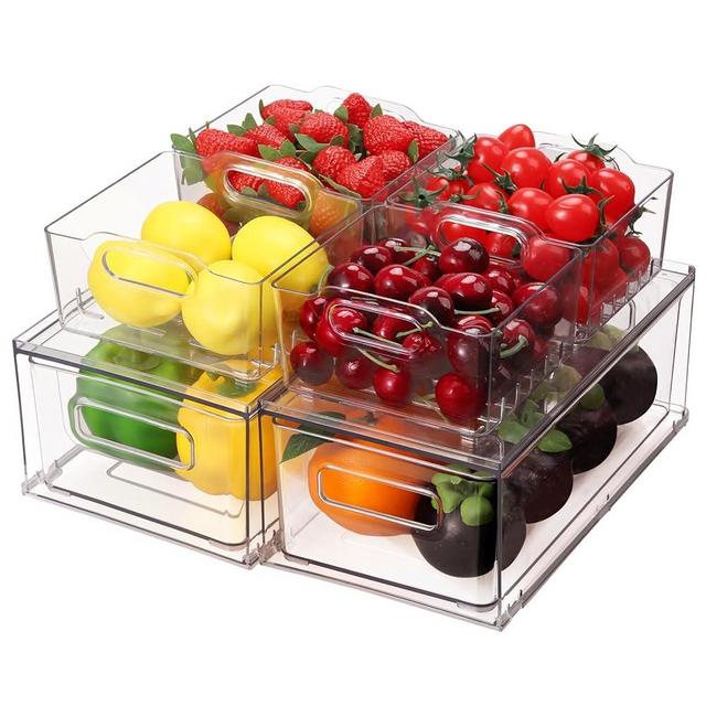 Abiudeng 6 PACK Stackable Refrigerator Organizer Bins with Pull-out Drawer,Clear Fridge Drawer Organizer with Handle,Plastic Food Container Set for Kitchen organizer