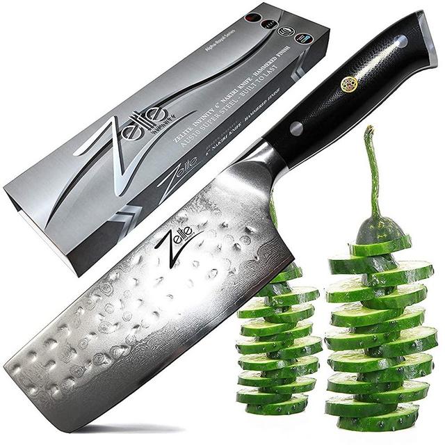 Zelite Infinity Nakiri Chef Knife 6 Inch - Alpha-Royal Series - Japanese AUS-10 Super Steel 67-Layer Damascus - Razor Sharp, Hammered Tsuchime Finish