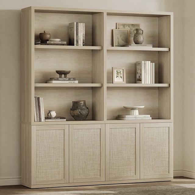 SICOTAS 70.5" Tall Bookshelf - 5-Tier Rattan Bookcase with Storage Cabinet Large Farmhouse Book Shelves with Doors, Boho Bookshelves for Living Room Home Office Library(Sand Oak, 2 Pieces)