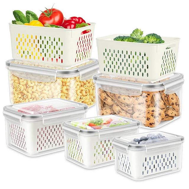 TBMAXS 5 Pack Fruit Storage Containers for Fridge, Produce Saver Vegetable Container with Drain Colanders - Refrigerator Organizer for Lettuce Keepers Berry Container