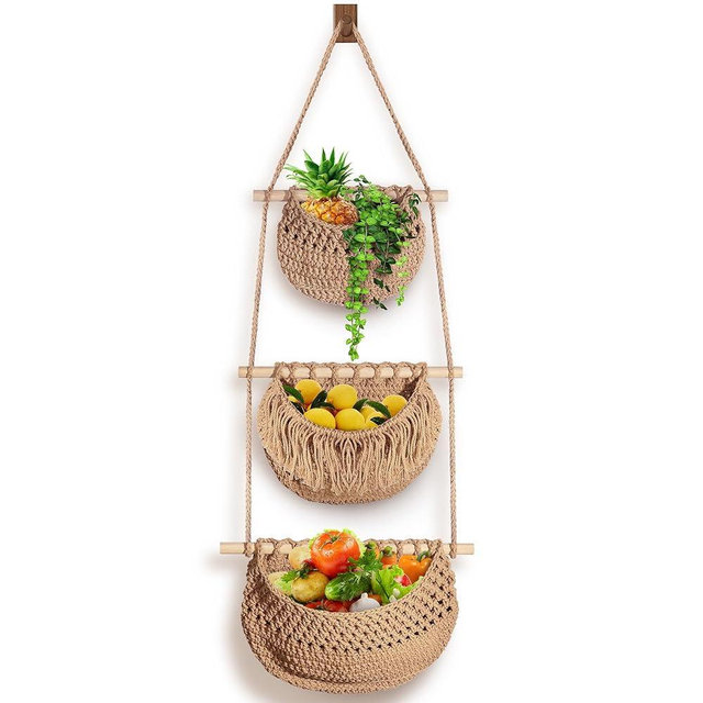 wymulot 3 Tier Hanging Fruit Basket, Jute Wall Baskets, Hanging Produce Baskets for Storage Fruits and Vegetables, Hanging Basket Wall for Kitchen, Bedroom, Bathroom (Brown)
