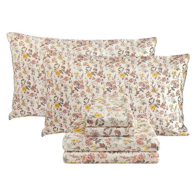 Viviland Floral King Sheet Set - 4 Piece Vintage Pink & Yellow Flower Patterned Bed Sheets - Soft, Breathable Microfiber Sheets with Deep Pocket, Non-Slip Fitted Sheets & Pillowcases