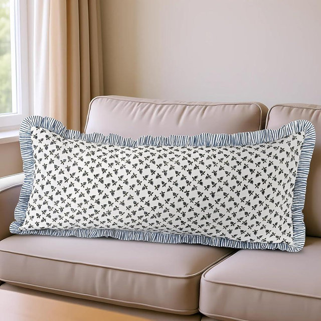 Ridhi Block Print Baby Blossams 36"x14" Set 1-100% Cotton Ruffle Lumbar Sham Cover Boho Floral Pillowcase, Farmhouse Cottagecore Bedding, Soft Decorative Cover Gift for Spring, Easter, Valentine