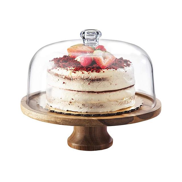 Godinger Cake Stand, Footed Cake Platter Server with Dome, Acaciawood and Shaterproof Acrylic Lid